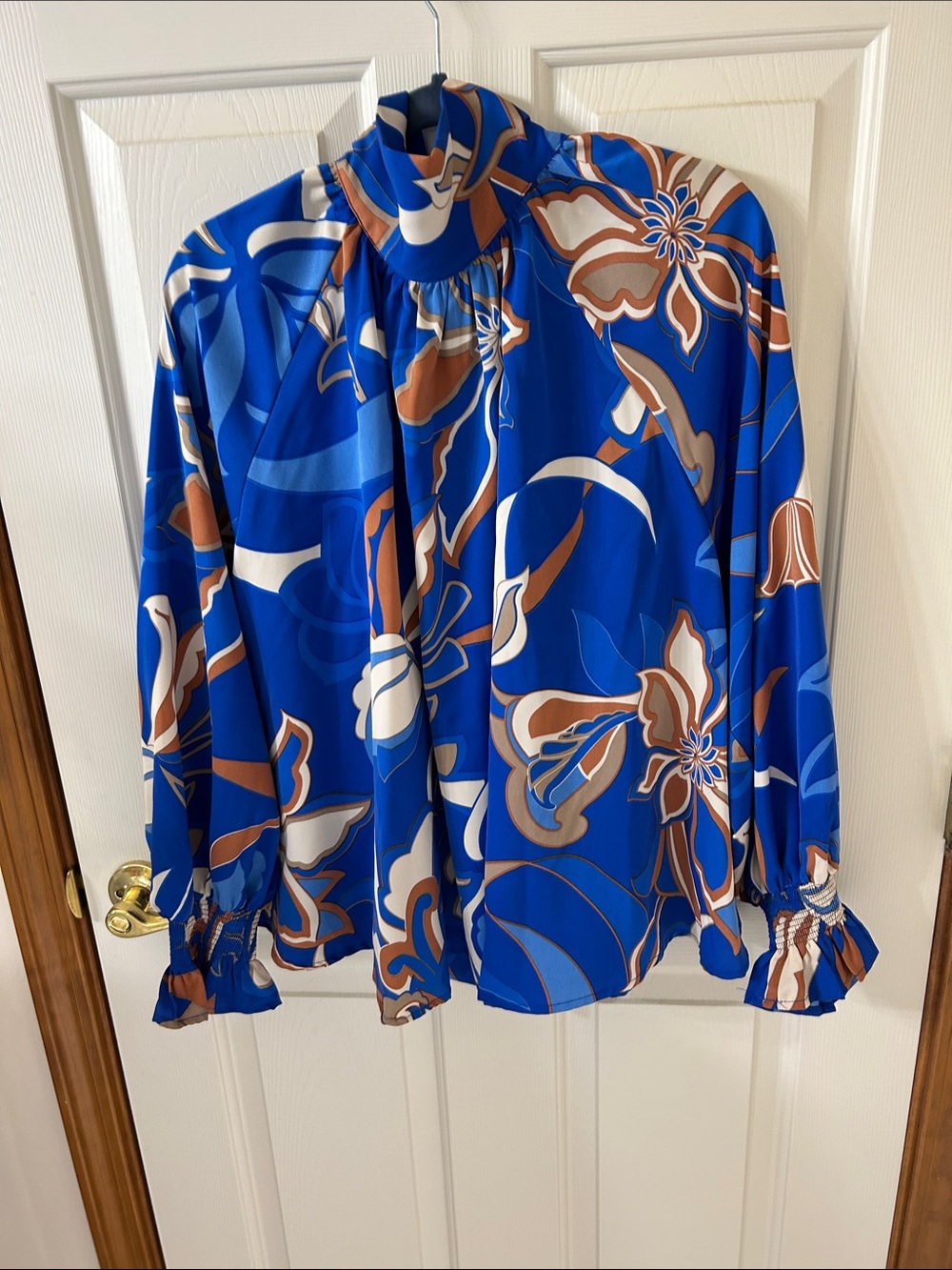 Blue Floral Print High-Neck Blouse